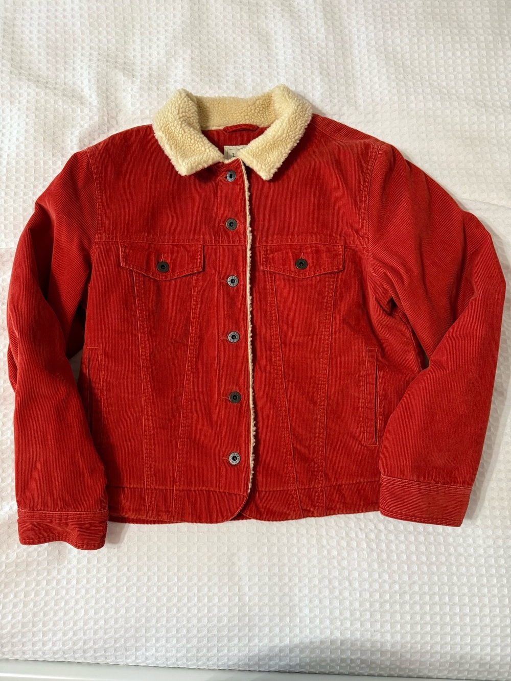L.L. Bean Red Corduroy Jacket with Cream Sherpa Collar